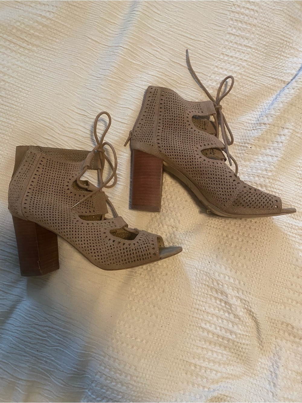 Crown Vintage Taupe Perforated Lace-Up Block Heel Sandals